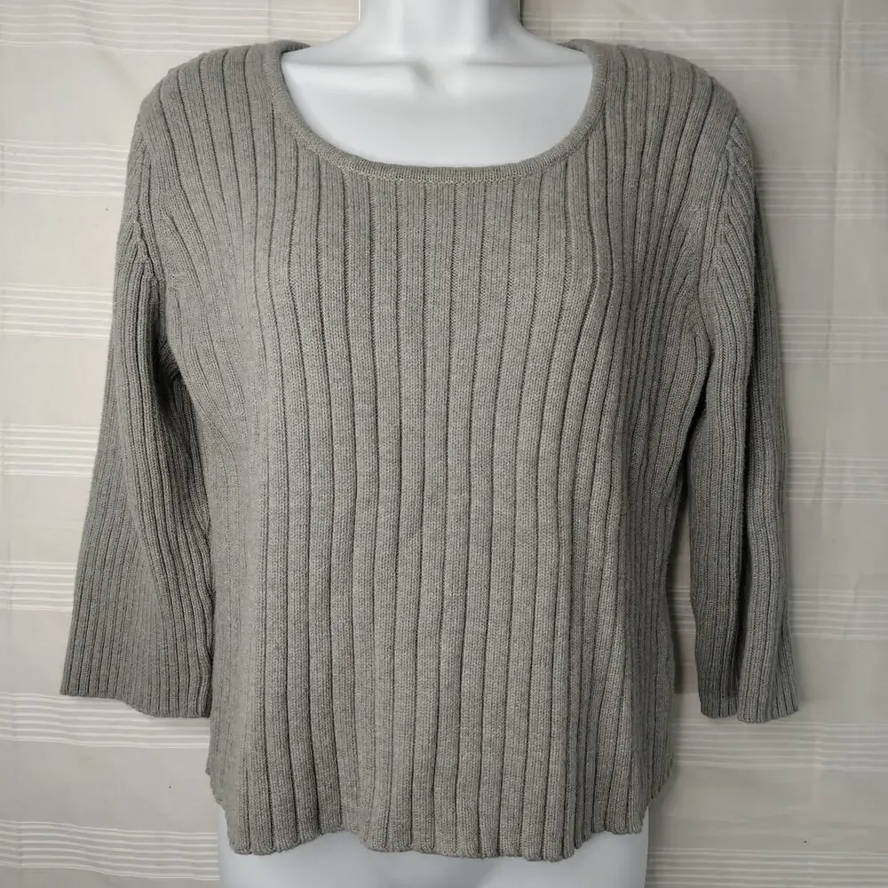 J. Jill Pull Over Ribbed Sweater 3/4 Sleeve Gray Women's Size Large‎ 100% Cotton